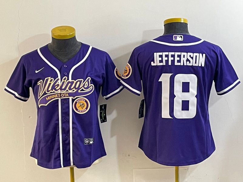 Women Minnesota Vikings #18 Jefferson Purple Joint Name 2024 Nike Limited NFL Jersey style 2->women nfl jersey->Women Jersey